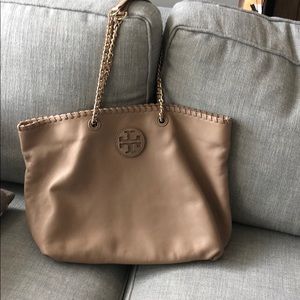 Tory Burch taupe leather tote bag